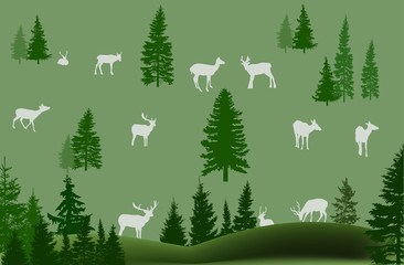 eleven deers and fir trees on green