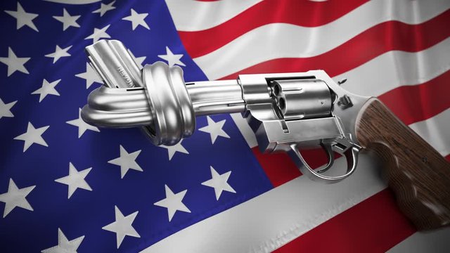 Bound revolver over American flag symbolizing gun control debate