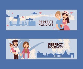 Family holidays banner, vector illustration. Young couple romantic journey, sightseeing tour around Europe. Travel agency special offer for family vacation