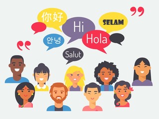 People speak different languages, vector illustration. Flat style portraits of men and women from around the world with speech bubbles. Learn foreign language