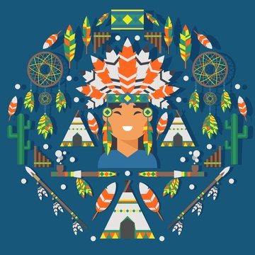 Native American flat style icons, vector illustration. Isolated symbols of American Indian culture, colorful feathers, traditional smoking pipe, teepee tent and dream catcher