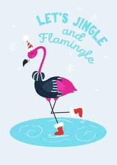 Lets jingle and flamingo holidays greeting card vector illustration. Cute pink bird skating and wearing striped outfit with party hat flat style design. Merry Christmas concept
