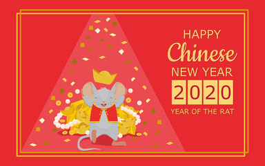 Happy Chinese new year 2020 greeting card with rat zodiac. Little mouse in costume blessing you a happiness, lucky and wealthy with gold, pearl and money.