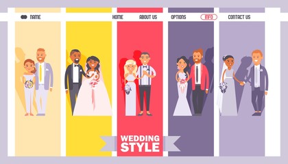 Wedding dress and costume shop, bridal salon website design, vector illustration. Marriage agency landing page template, happy newlywed couples in cartoon style