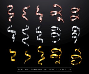 Silver, golden and rose gold ribbons set vector illustration. Decoration for banner, invitation, greeting card with grey and yellow serpentine flat style concept isolated on black. Holidays concept