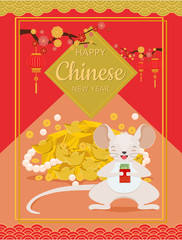 Happy Chinese new year 2020 greeting card with rat zodiac. Little mouse with red envelope on background of gold, pearl and money.