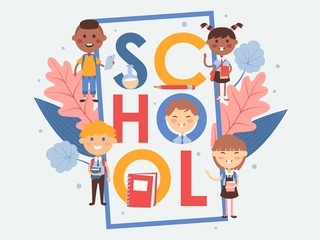 School typography poster vector illustration. Children education booklet cover flat style. Smiling kids cartoon characters. Happy schoolchildren with books