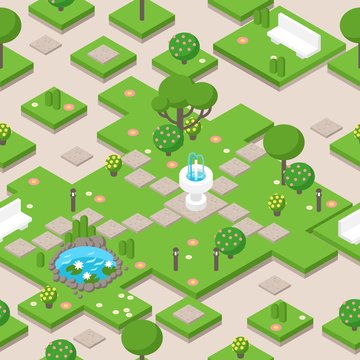 Isometric park composition with trees, fountain and bench, vector illustration. Game decoration elements for park or garden in summer. Isometric map tile design