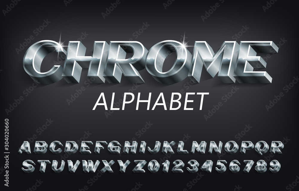 Fototapete chrome alphabet font. 3d metallic letters, numbers and symbols with shadow. stock vector typescript 