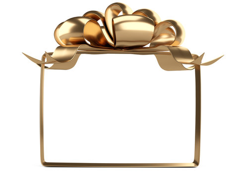 A square frame of golden ribbons and bow on top. Template for your design.