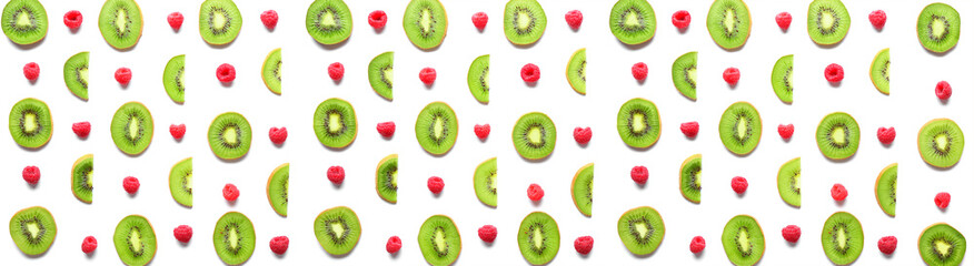 Many sweet ripe kiwi and raspberry on white background