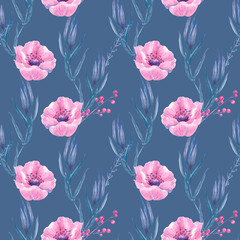 Watercolor pattern gentle trend bud of a pink anemone flower with sprigs of lilac leaves and grass. Hand drawn isolated on a blue background.