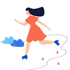 illustration of a girl in a red dress rollerblading between the cones in the park. flat style. sports healthy lifestyle. for design