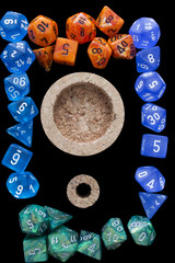 4 RPG sets orange/blue/green for playing role playing games on black background.