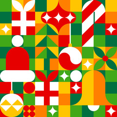 Merry Christmas seamless pattern in modern geometric style. Santa hat, balls, bell, xmas tree and candy canes.