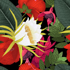 Seamless floral pattern with tropical flowers on dark background. Template design for textiles, interior, clothes, wallpaper. Vector illustration.  Botanical art.  Engraving style