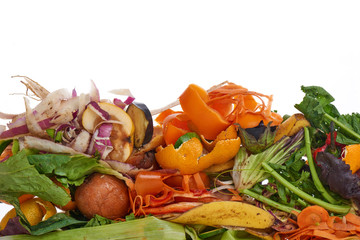 Domestic food waste for compost from fruits and vegetables on white background.