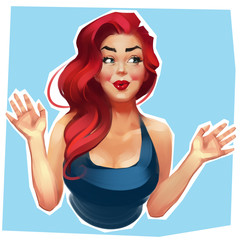 The portrait in a Pin-up style of young smiling woman with a red lips shows hands. Funny colorful illustration on a blue background.