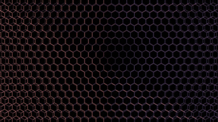 Abstract hexagonal wire mesh pattern; orange purple gradient honeycomb grid on black background 3d rendering, 3d illustration