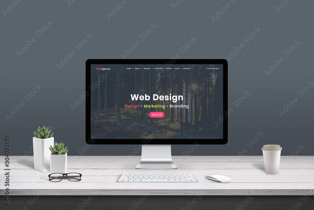 Poster Web design studio concept. Work desk with computer display and modern design web agency page.