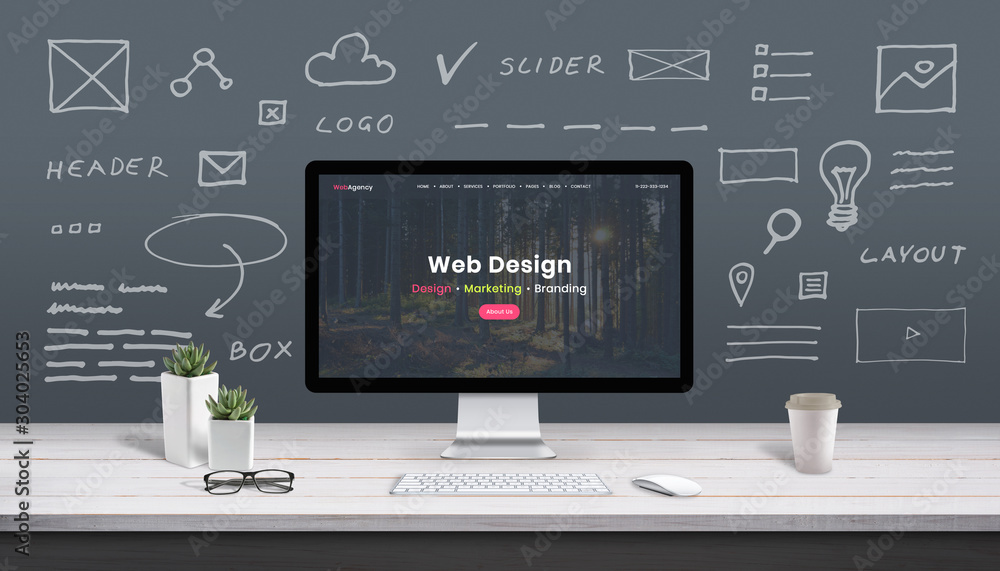 Poster Web design concept with computer display, web theme and drawings of website, app parts. Modern design web page on computer display. Office, studio work desk.