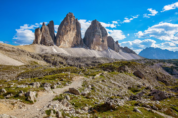 World famous peaks of Tre Cime di Lavaredo National park, UNESCO world heritage site in Dolomites, Italy