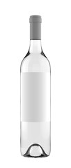 White Transparent Standard Glass Cork Top Wine Bottle with Transparent Liquid and Labels. 26oz or 750ml (75cl, 0.75l) volume. 3D rendered Mock Up Isolated on White Background.