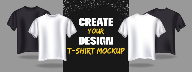 Creating fashion t-shirt banner mockup template vector illustration. White and black shirts with empty copy space for design flat style. Stylish and creative designing of clothes concept