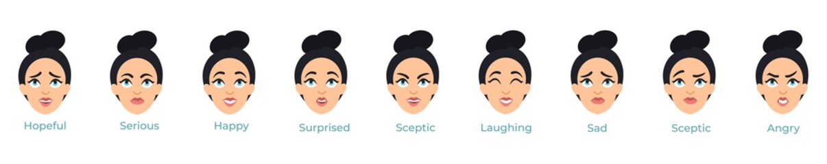 Young female pretty face with different expressions set vector illustration. Emotions of woman avatars showing anger, sadness, surprised, happiness,sceptic, serious flat style on white background