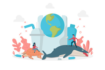 concept of plastics pollution environment effect to marine life with tiny people on whale and turtle, flat vector illustration for web, landing page, ui, banner, editorial, mobile app and flyer.
