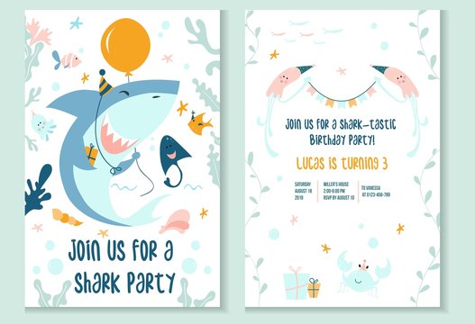 Cute baby shark party invitation template vector illustration. Join us for shark-tastic celebration of happy birthday flat style concept. Inviting card in marine design