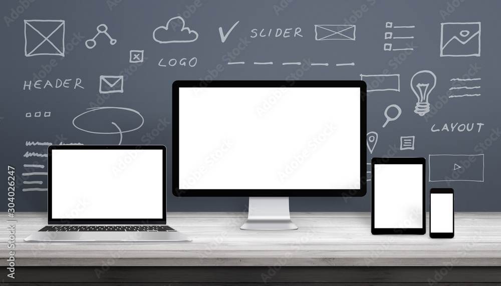 Poster Responsive web design mockup with computer display, laptop, tablet and smart phone. Isolated screens for app, or web site promotion. Web site parts sketches on wall.