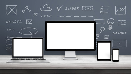 Responsive web design mockup with computer display, laptop, tablet and smart phone. Isolated...