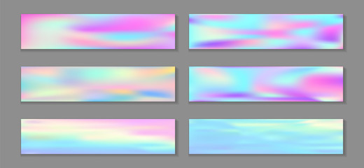 Fototapeta premium Neon holo bright banner horizontal fluid gradient unicorn backgrounds vector collection. 