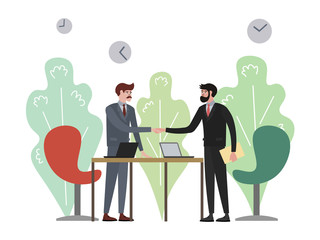 Handshake in business company raster illustration. Flat style