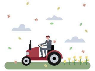 Businessman harvests money raster illustration. Flat style