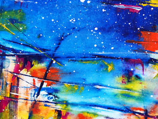 Hand draw colorful watercolor painting blue sky abstract background with texture