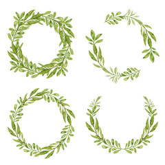 Set of watercolor green leaf wreath for decoration element