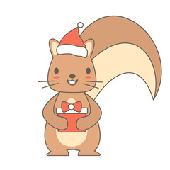 cute cartoon holidays vector illustration with squirrel with santa hat and christmas gift box