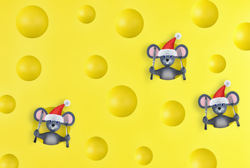 Cheese with mices. Cartoon cute rat, symbol of 2020 year. Chinese New Year. 3d render