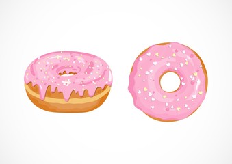 Vector isometric and top view Donuts set icons with pink glaze and sugar decorative hearts isolated on white background. Cartoon flat hand drawn sweet dessert for menu, sweet shop, National Donut Day.
