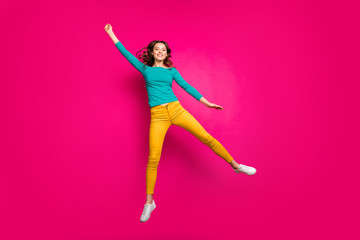 Full length body size photo of cheerful positive toothy beaming girlfriend wearing white sneakers isolated fuchsia vibrant color background