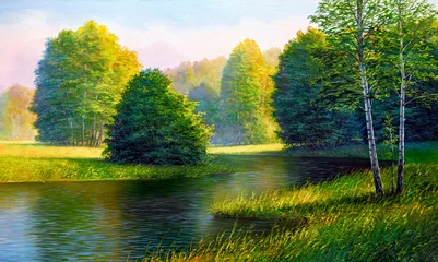 Zelfklevend Fotobehang Oil painting landscape , summer on the river. © serge-b