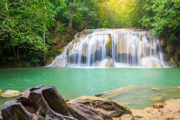 Waterfalls In Deep Forest at Erawan Waterfall in National Park Kanchanaburi Thailand