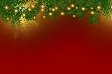 Christmas background tree and sparkle bokeh lights on red canvas background. Merry christmas card. Winter holiday theme. Happy New Year. Space for text