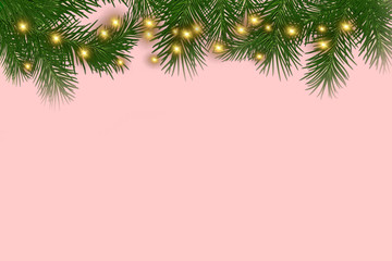 pastel pink background, fir tree, christmas lights. background for advertising or greetings.