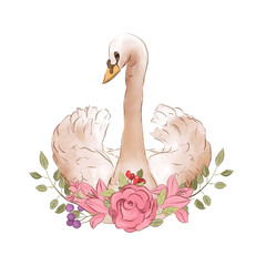 Beautiful hand drawn watercolor dreaming swan with rose flowers, floral bouquet