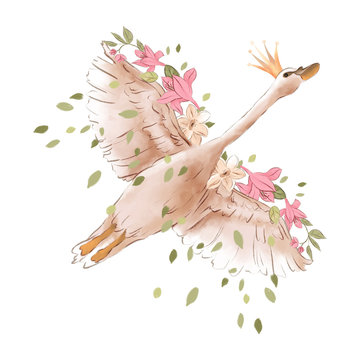 Beautiful hand drawn watercolor flying princess swan in crown with rose flowers, floral bouquet