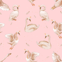 Cotton fabric Beautiful seamless pattern with swan princesses in golden crown and falling feathers on pink background