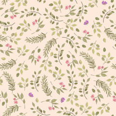 Beautiful floral seamless, tileable, watercolor pattern leaves and flowers on beige background - 304031003